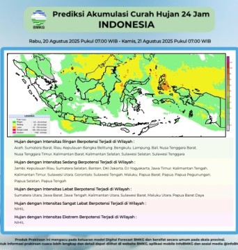 Ilustrasi prediksi akumulasi Curah Hujan di Indonesia, Rabu 20 Agustus 2025. [Instagram]